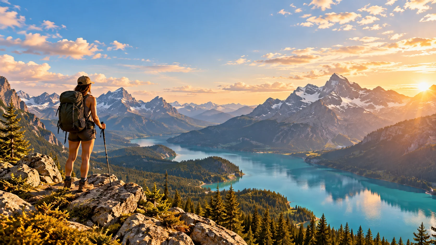Hiker overlooking a mountain lake