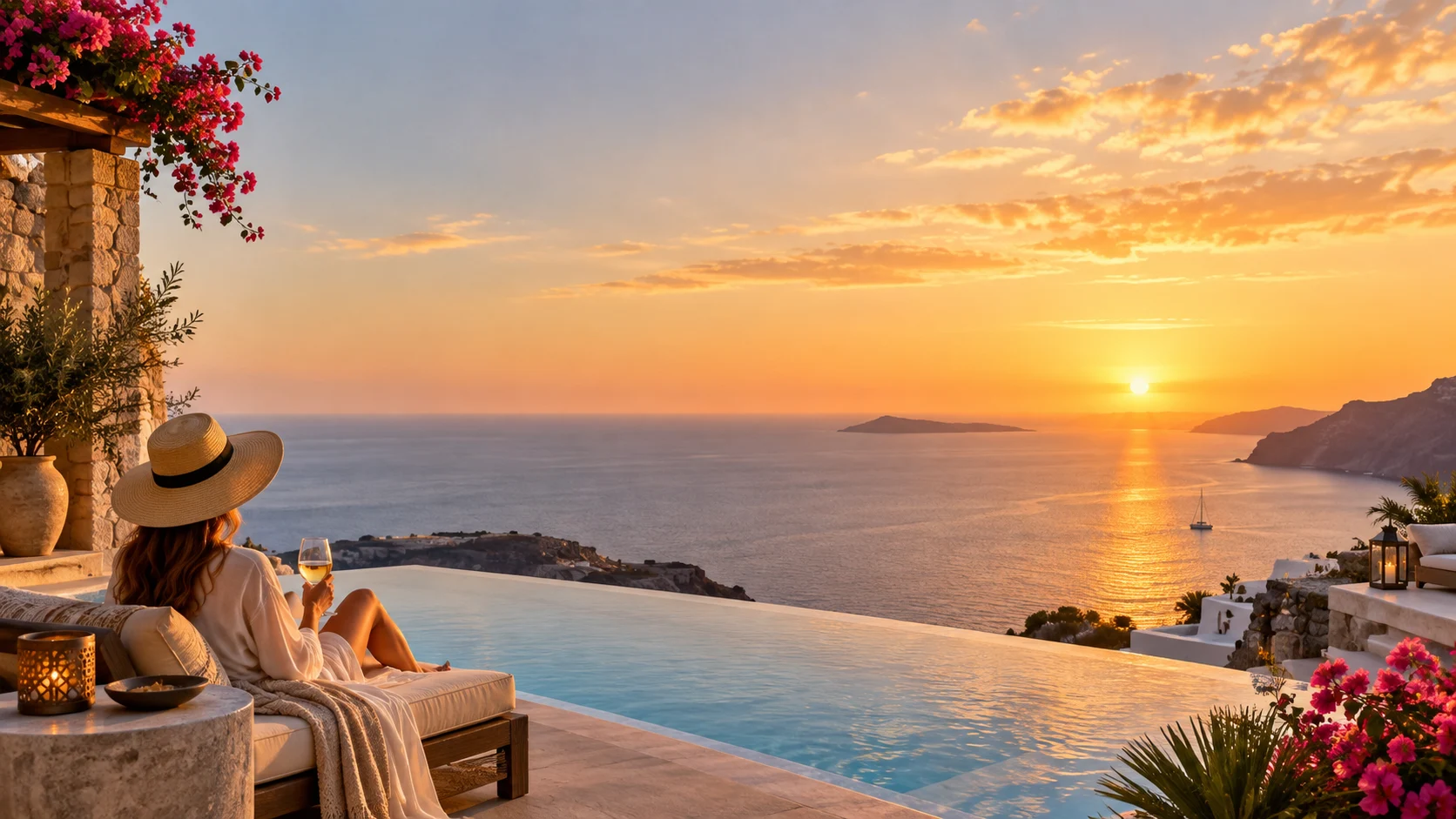 Sunset over the sea from a peaceful resort terrace